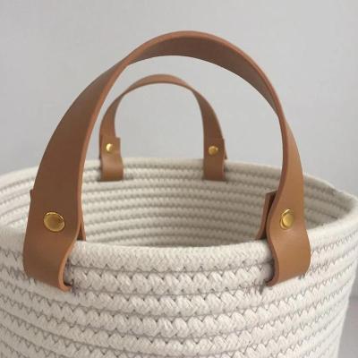 China NATURAL HANDMADE STORAGE BASKET SUSTAINABLE COTTON ROPE NEW STYLE PU HANDLE for sale