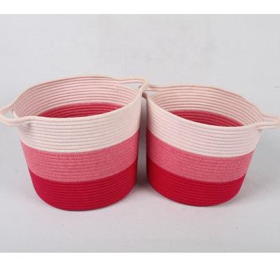 China 2022 Tidy / Storage Laundry Cotton Colorful Decorative Pink Rope Woven Storage Basket With Handles for sale