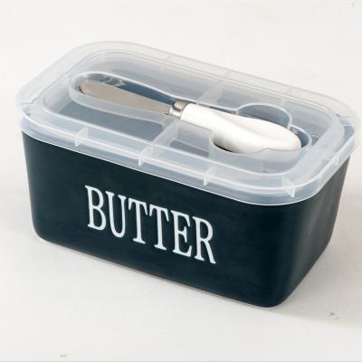 China Freshness Preservation 650Ml kitchen Blue Butter Dish Porcelain Ceramic Butter Container Box With PP Lid And Knife for sale