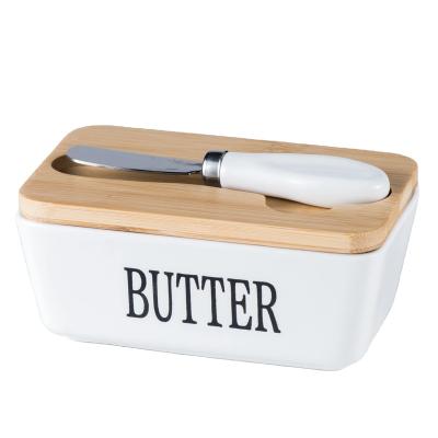 China Freshness Preservation Hot Sale 350ML Kitchen Butter Container Rectangle White Ceramic Butter Dish Container With Bamboo Lid for sale