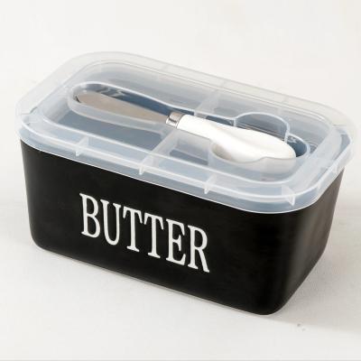 China Freshness Preservation High Quality 650ML Modern matte Black Rectangle Ceramic Butter Dish With Knife And Lid for sale