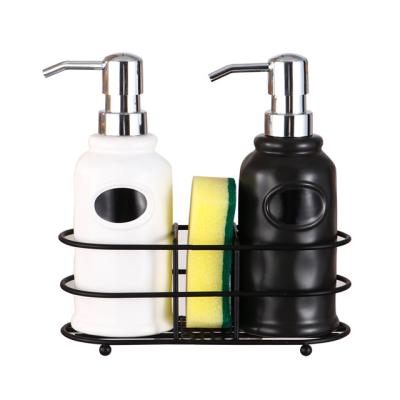 China Ceramics Black Bathroom Sink Organizer Kitchen ceramic Basket Sponge Holder Liquid Soap Dispenser With metal rack and Fast Shipping for sale