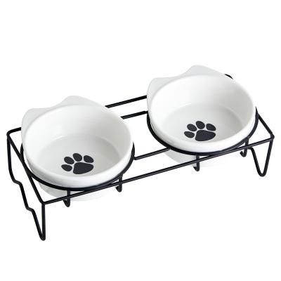 China Modern High Quality White Pet Feeding elevated Double food Dog Bowls Cat Food And Water Bowl Set With metal stand and Good Service for sale