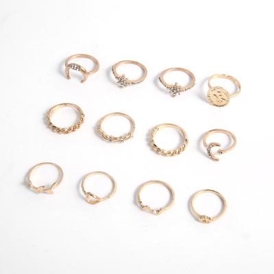 China PUSHI Moon Star Fashion Set Simple Engagement Rings Jewelry Women Heart Gold 12 Pieces Rings Wholesale for sale