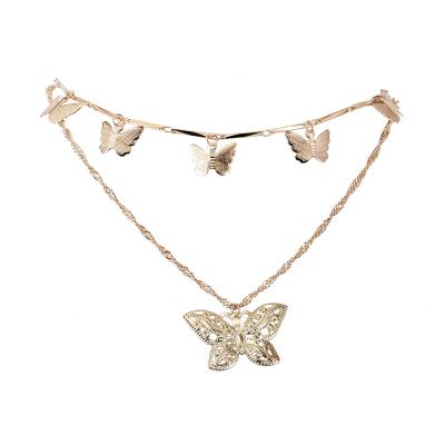 China PUSHI Fashion Gold Color Women Fashion Butterfly Pendant Double Layer Necklace Statement Choker Necklace For Women Jewelry Gifts for sale