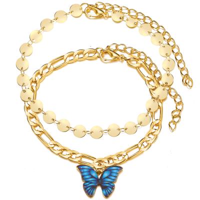 China Wholesale Simple Hyperbole PUSHI New Product Jewelry Double Chains Gold Color Butterfly Anklet Women for sale