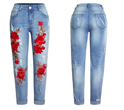 China QUICK DRY Ladies High Waisted Pants Women's Plus Size Custom Made Rose Denim Pant Floral Embroidery Jeans for sale