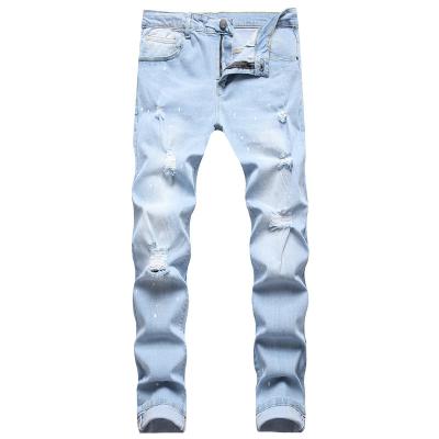 China 2022 New Custom Men's Clothing Denim Cotton Stretch Breathable Distress Blue Ripped Pants Stacked Jeans Men for sale