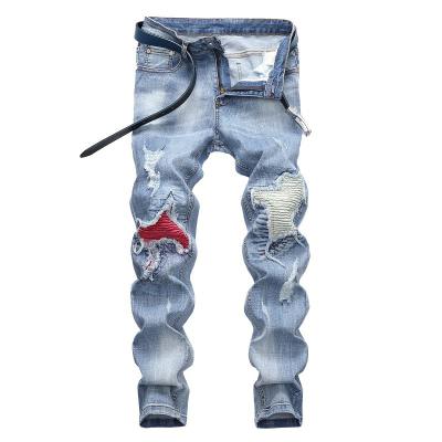 China 2022 New Europe Denim Jeans Mens Breathable Custom Light Blue Stretch Biker Pants Ripped Jeans For Men for sale