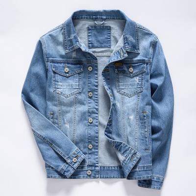 China OEM Custom High Quality Factory Wholesale Mens Coat Breathable Distress Plus Size Light Blue Denim Single Breasted Jacket For Men for sale