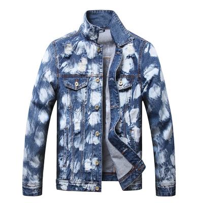 China Factory Wholesale Custom Denim Breathable Distress Blue And White Printing Pocket Lattice Tie Dye Coat Mens Clothing Jackets for sale