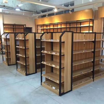 China 1)Supermarket 2)Modern Shops Grocery Display Store Bevel Shelves Steel and Wood Show Wooden Gondola Shelves for sale