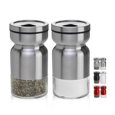 China Wholesale Seasoning Stocked Kitchen Stainless Steel Container Tin Herb Jar Glass Bottles Salt Pepper Storage Shakers for sale