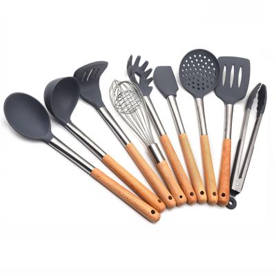 China Stocked Tong Whisk Spoon Nonstick Silicone Utensil Set Kitchen Utensils Accessories 9pcs Premium Wooden Handle Spatula Set for sale