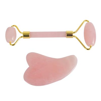 China Face Lift 2 Pieces Natural Rose Quartz Roller Anti-Wrinkle Massage Roller Set For Facial Neck Guasha Scratch Board for sale