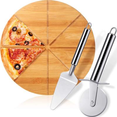 China Sustainable Wholesale Customizable Bamboo Round Pizza Cutting Board With Cutter for sale