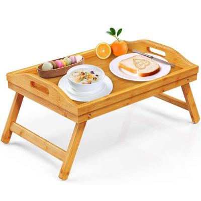 China Collapsible Foldable Adjustable Natural Bamboo Breakfast Table Food Serving Serving Tray With Lowering Legs for sale