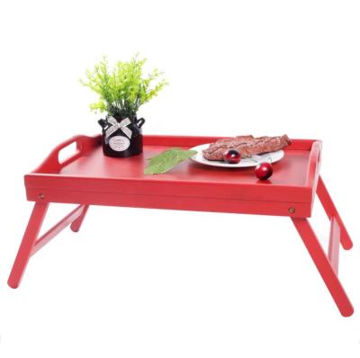 China Collapsible Foldable Adjustable Natural Bamboo Breakfast Table Food Serving Serving Tray with Pull Down Legs Red for sale