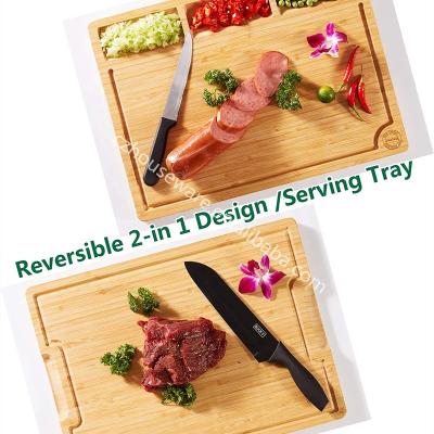 China Sustainable Natural Cutting Board with Side Handles Drip Groove and 3 Compartments Separate Bamboo Cutting Plate for sale