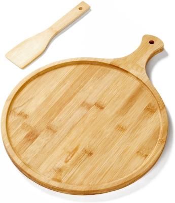 China New Type Sustainable Sale Well Bamboo Material Snack Serving Round Pizza Board With Handle for sale