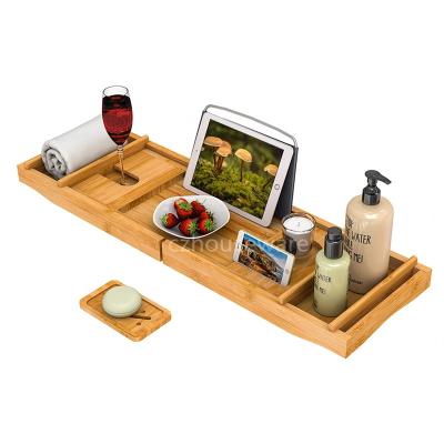 China Wholesale Expandable And Waterproof Bamboo Tub Tray With Reading Rack And Wine Glass Slot for sale