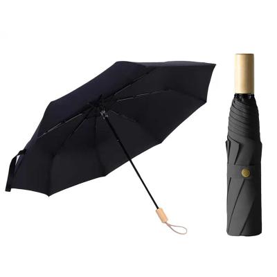 China CLASSIC Wooden Handle 3 Folding Umbrella Black Coated UV Proof Umbrella 210T Pongee Waterproof manual open Umbrella for sale