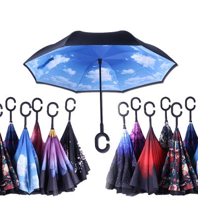 China CLASSIC New inverse car Umbrella with logo prints Custom Double Layer Inside Out C Shape Handle design inverted Folding Reverse Umbrella for sale