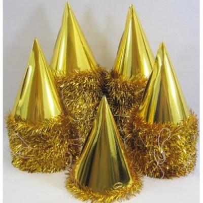 China Hot Sales Character Party Hats Cone Foil Tinsel Gold Christmas Happy New Year Party Hat for sale