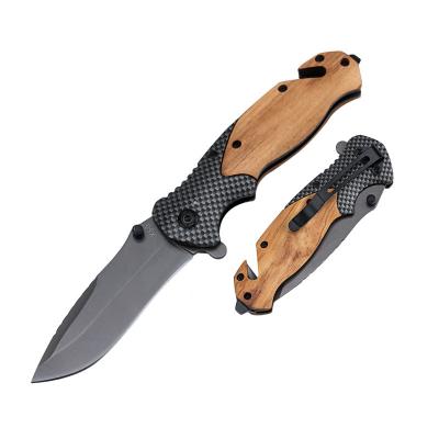 China Belt Clip X50 Titanium Coated Survival Rescue EDC Wooden Handle Camping And Hiking Products Wooden Pocket Knife For Camping Survival for sale