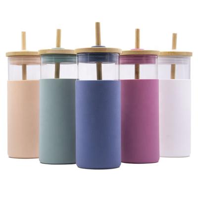 China Water Bottle Glass Tumbler Water Cup Silicone Sublimation Viable Colored Clear Glass Tumbler Sleeve With Lid And Wooden Straw for sale