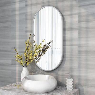 China Modern Silver Frame Mirror Aluminum Alloy Metal Glass Leaf Customized Modern Elegant Oval Shape Decoration Shower Bathroom Wall Mirror for sale