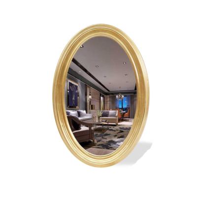 China Art Deco Golden Makeup Vintage European Vintage PU Frame Design Special Shaped Shower Room Bathroom Decor Wall Mirror for sale