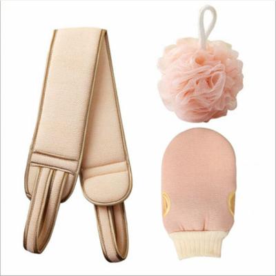 China EXFOLIATING New Arrival 3PCS Peel Bath Clean Mitt Set Exfoliating Bath Tool Scrub Bath Back Belt and Shower Ball Scrubber Set Soft Body for sale