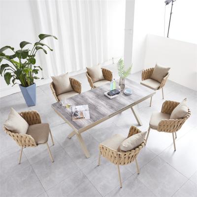 China Leisure Eco - Friendly Teak Wood Garden Table And Plastic Wood Rope Chair Aluminum Dining Outdoor Furniture Set for sale