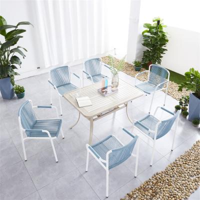 China New Design Eco-friendly Outdoor Aluminum Woven Frame Table Top Rope Chair 6 Seater Dining Table Set for sale