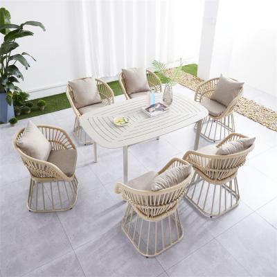 China Eco-friendly Outdoor Leisure Garden Furniture 7pcs Set Stackable Restaurant Aluminum Rectangular Table And Rope Woven Chair for sale