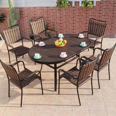 China Eco-friendly Outdoor Furniture Patio Plastic Wooden Brown Garden Chair 7pcs Dining Set Waterproof Furniture for sale