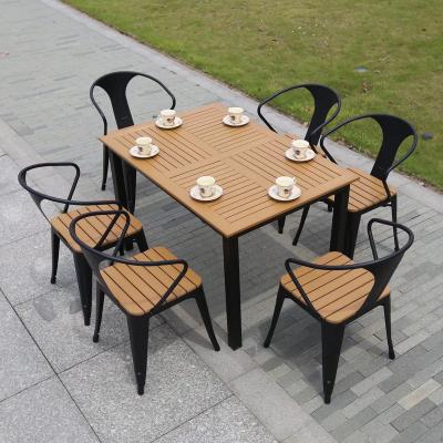 China Eco-friendly Patio Plastic Wood Top Aluminum Chairs 6 And 1 Table Dining Table Set Outdoor Garden Furniture for sale