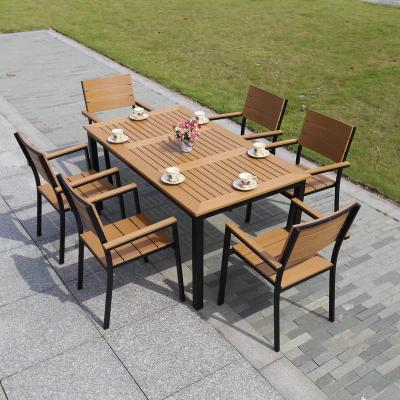 China Eco-friendly All Weather Garden Backyard Plastic Wood Furniture 7 Pcs Dining Aluminum Chair Outdoor Furniture Set for sale