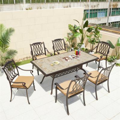 China The Eco-Friendly Garden Classic Matrix Cast Aluminum Patio 6 Seat And 1 Long Dining Table Outdoor Furniture for sale