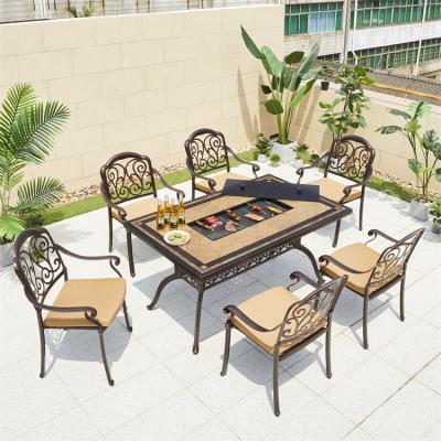 China Foshan Eco-friendly BBQ Dining Long Table And Chair Set 7 Pieces Outdoor Backyard Barbecue Patio Cast Aluminum Furniture for sale