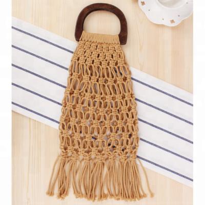 China Cotton String Handbag Women Rattan Beach Bohemian Knitting Handmade Bag With Wooden Handle for sale