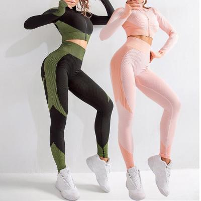 China Hot Selling Breathable Autumn Women Zipper Sleeve Yoga Jacket Long Gym Plus Size Leggings Seamless Women's 2 Piece Workout Set for sale