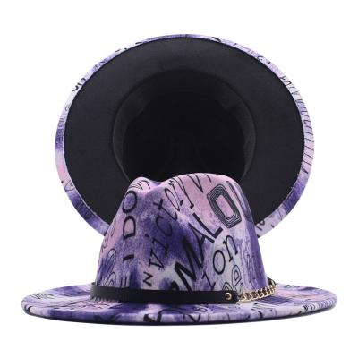 China Casual Cheap Extra Large Winter Black Fur Wool Felt Head Graffiti Printed Men's Wide Purple Jazz Fedora Hat With Chains Manufacturers for sale