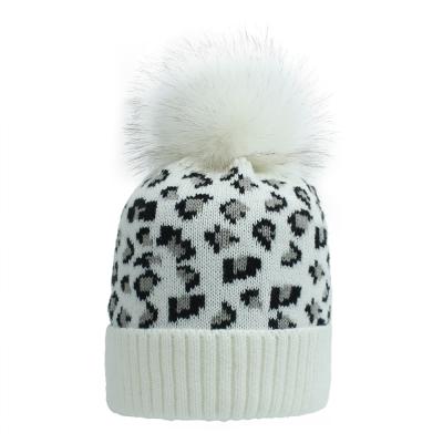 China COMMON Wholesale Ribbed Cable Knit Leopard Pom Pom Winter 100% Pure Cashmere Beanie Hat For Women for sale