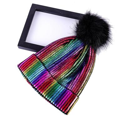 China Custom Woven Outdoor Knitted Suit Pom Pom Glitter Beanie Hats COMMON 2020 Label Soft Winter Cotton Caps For Women Free Shipping for sale