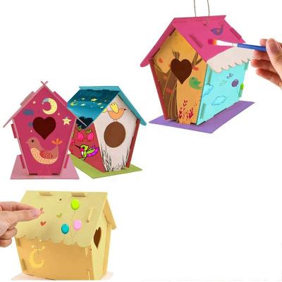 China Eco-friendly Garden Decoration Bird House Puzzle Toys Wooden DIY Craft Kit for sale