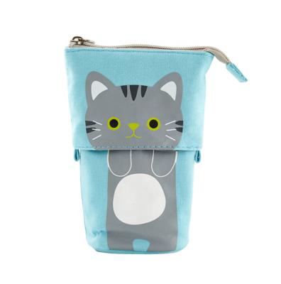 China Cute Zipper Closure Cartoon Cat Canvas Pen Bag Standing Stationery Case Pencil Pouch For Student for sale