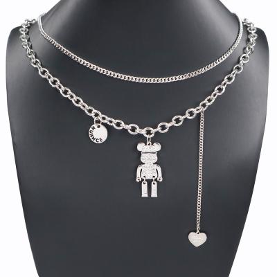 China Double Ring Chain Bear Zirconia Necklace Stainless Steel Personalized Pendant Necklace for sale