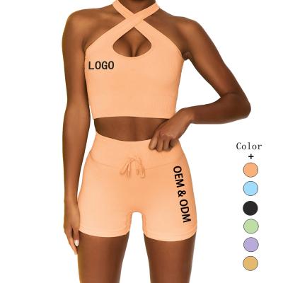 China Antibacterial Woman Fitness Clothing Yoga Wear Gym Fitness Sets Ribbed Women Workout Sets Shorts Yoga Seamless Set for sale